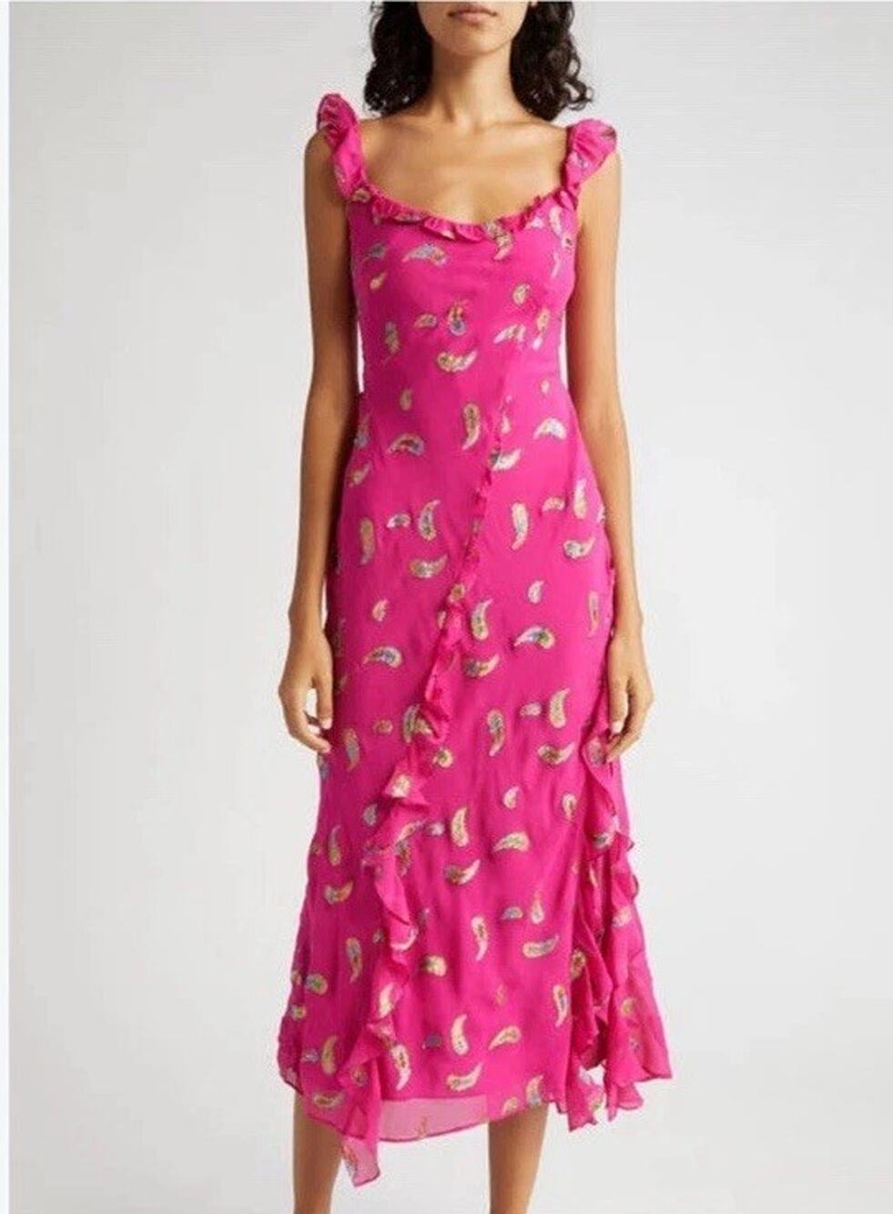 NWT SALONI AZALEA Dress Fuschia Rainbow Paisley Ruffles Midi Silk Wedding Sz 4